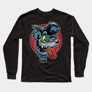 Vintage Cartoon Rock-A-Billy Greaser Wolf with pompadour Long Sleeve T-Shirt